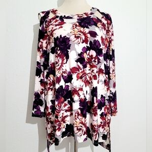 Jones Studio Criss Cross Shoulder Blouse Tunic Purple Floral Woman's Size Large